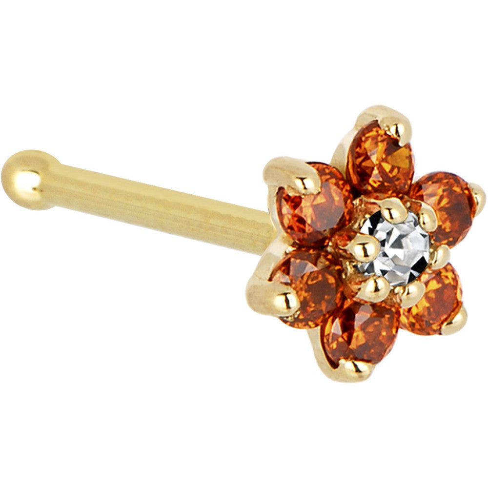 BodyCandy Solid 14K Yellow Gold Orange and Clear Cubic Zirconia Flower Nose Ring — detail close-up