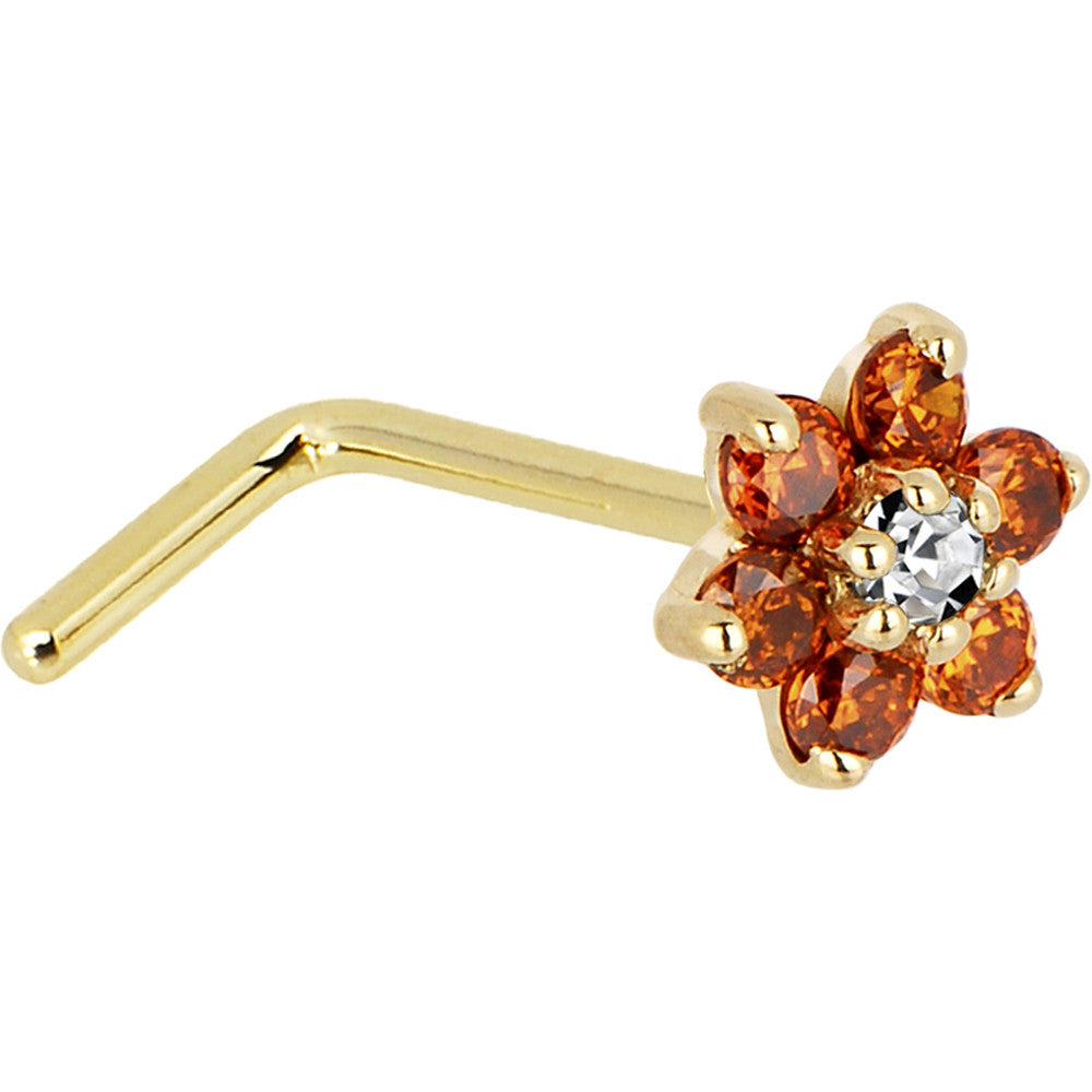 BodyCandy Solid 14K Yellow Gold Orange and Clear Cubic Zirconia Flower Nose Ring — side view