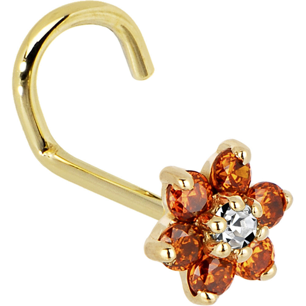 BodyCandy Solid 14K Yellow Gold Orange and Clear Cubic Zirconia Flower Nose Ring — back view