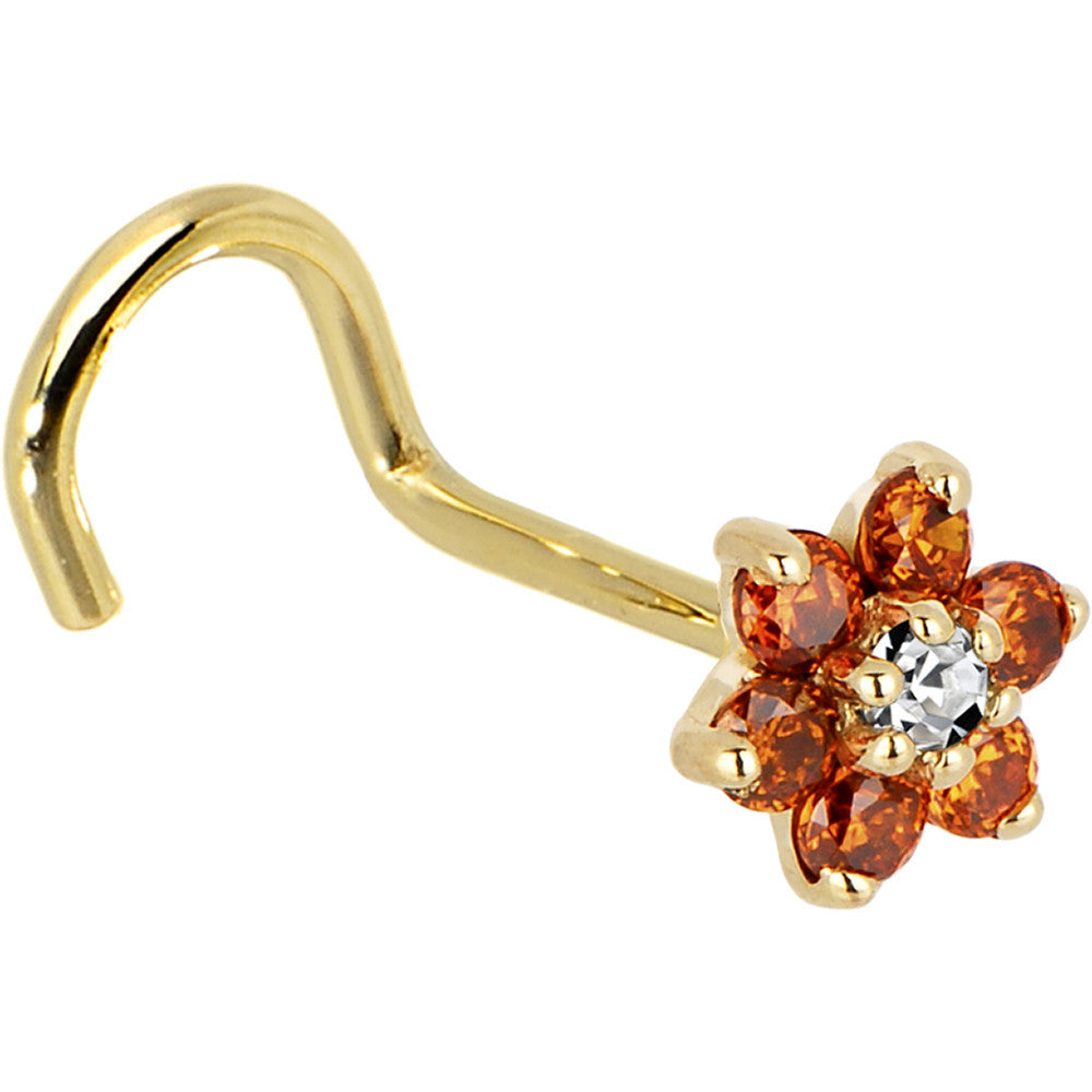 BodyCandy Solid 14K Yellow Gold Orange and Clear Cubic Zirconia Flower Nose Ring — alternative angle