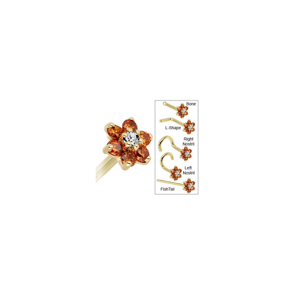 BodyCandy Solid 14K Yellow Gold Orange and Clear Cubic Zirconia Flower Nose Ring — in-use photo