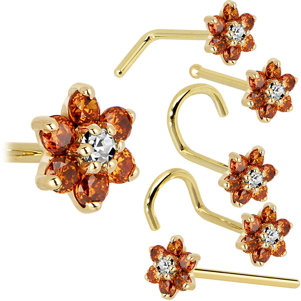 BodyCandy Solid 14K Yellow Gold Orange and Clear Cubic Zirconia Flower Nose Ring — main product shot