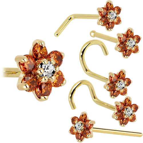 BodyCandy Solid 14K Yellow Gold Orange and Clear Cubic Zirconia Flower Nose Ring — main product shot