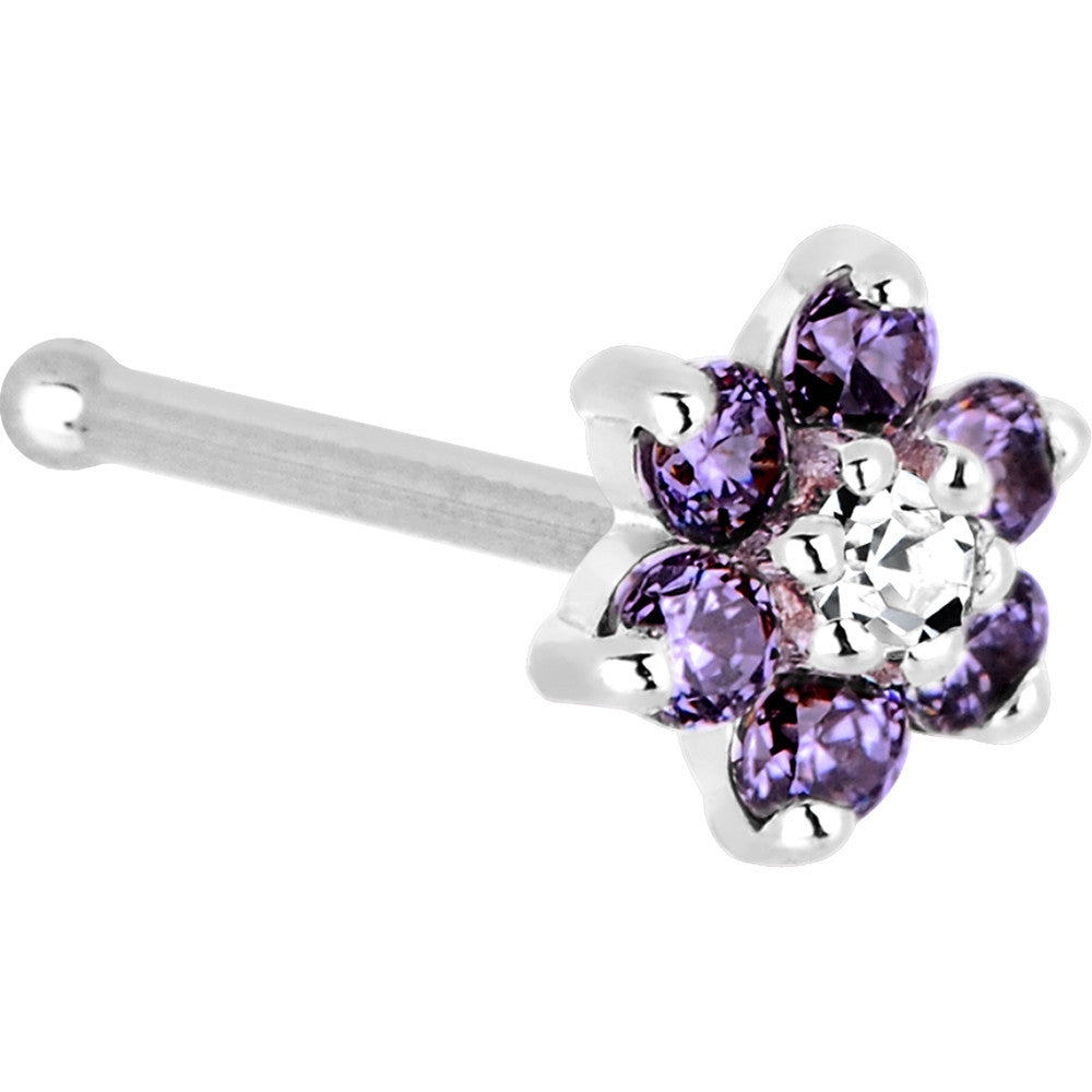 BodyCandy Solid 14K White Gold Amethyst and Clear Cubic Zirconia Flower Nose Ring — detail close-up