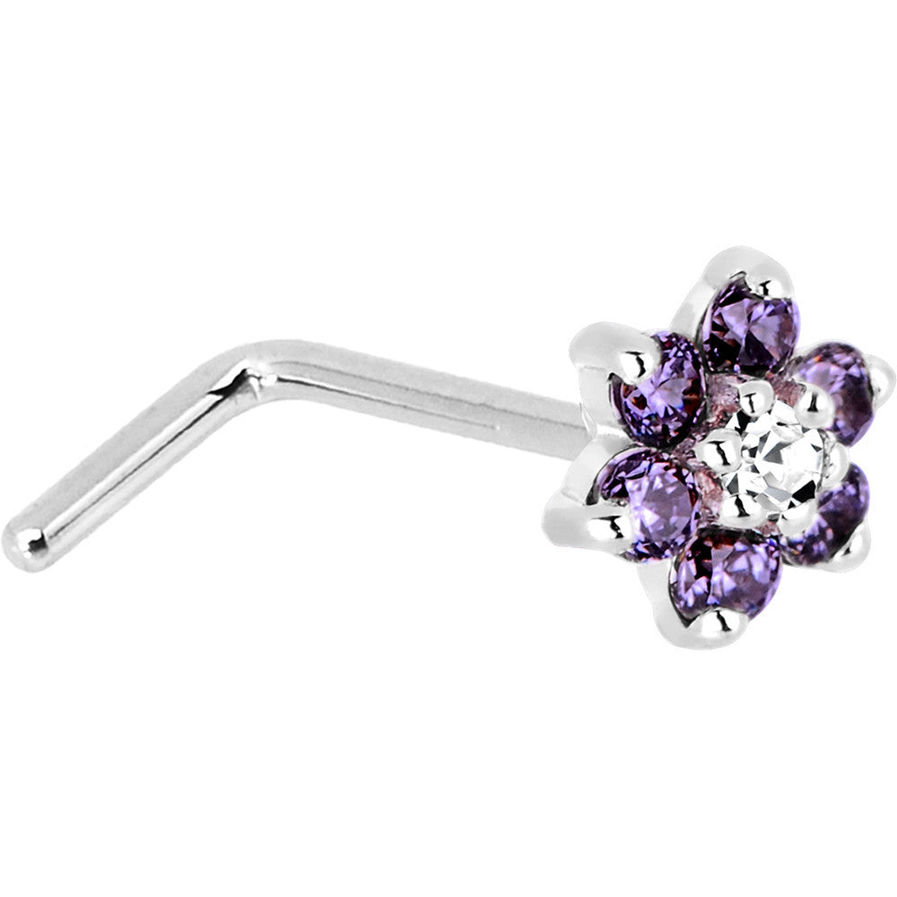 BodyCandy Solid 14K White Gold Amethyst and Clear Cubic Zirconia Flower Nose Ring — side view