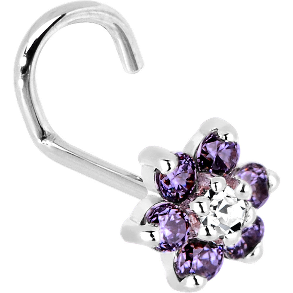 BodyCandy Solid 14K White Gold Amethyst and Clear Cubic Zirconia Flower Nose Ring — back view