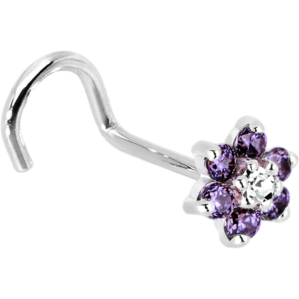 BodyCandy Solid 14K White Gold Amethyst and Clear Cubic Zirconia Flower Nose Ring — alternative angle