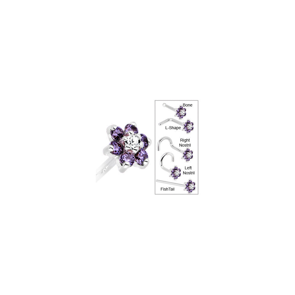 BodyCandy Solid 14K White Gold Amethyst and Clear Cubic Zirconia Flower Nose Ring — in-use photo