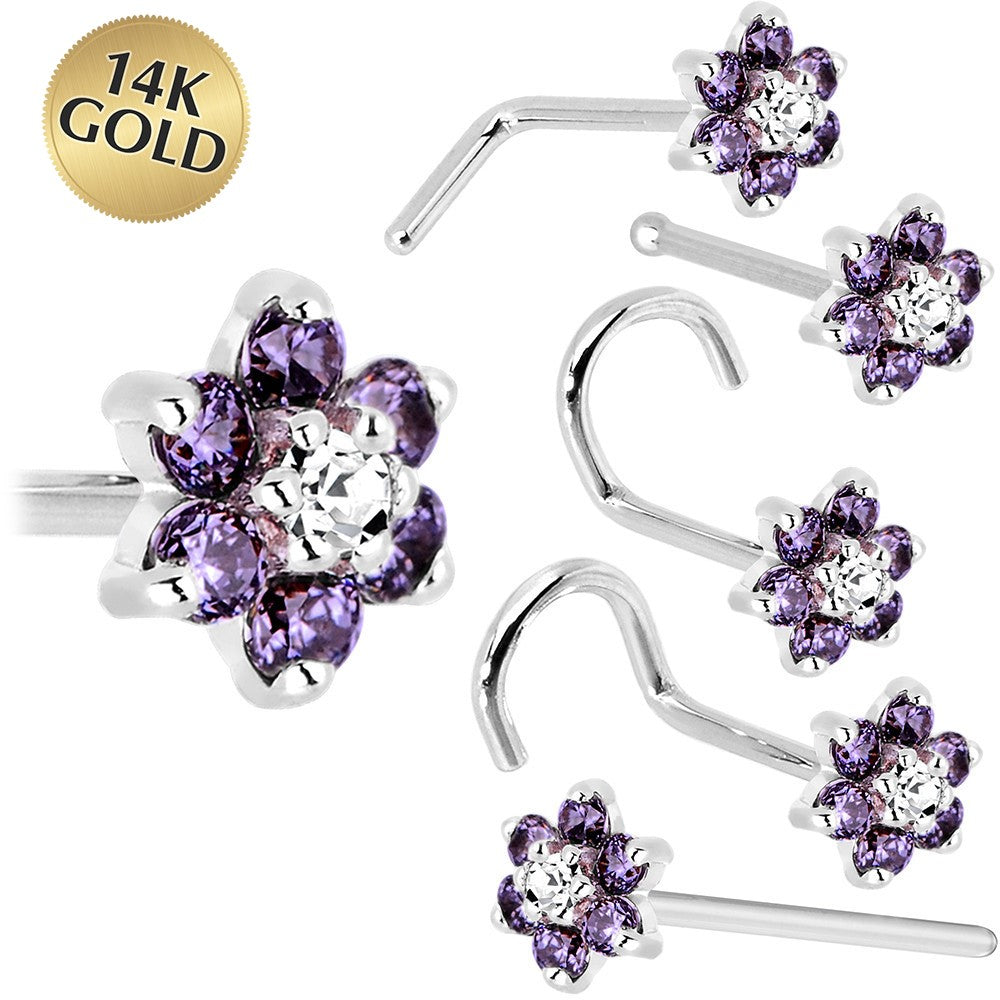 BodyCandy Solid 14K White Gold Amethyst and Clear Cubic Zirconia Flower Nose Ring — main product shot