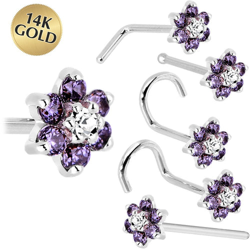 BodyCandy Solid 14K White Gold Amethyst and Clear Cubic Zirconia Flower Nose Ring — main product shot