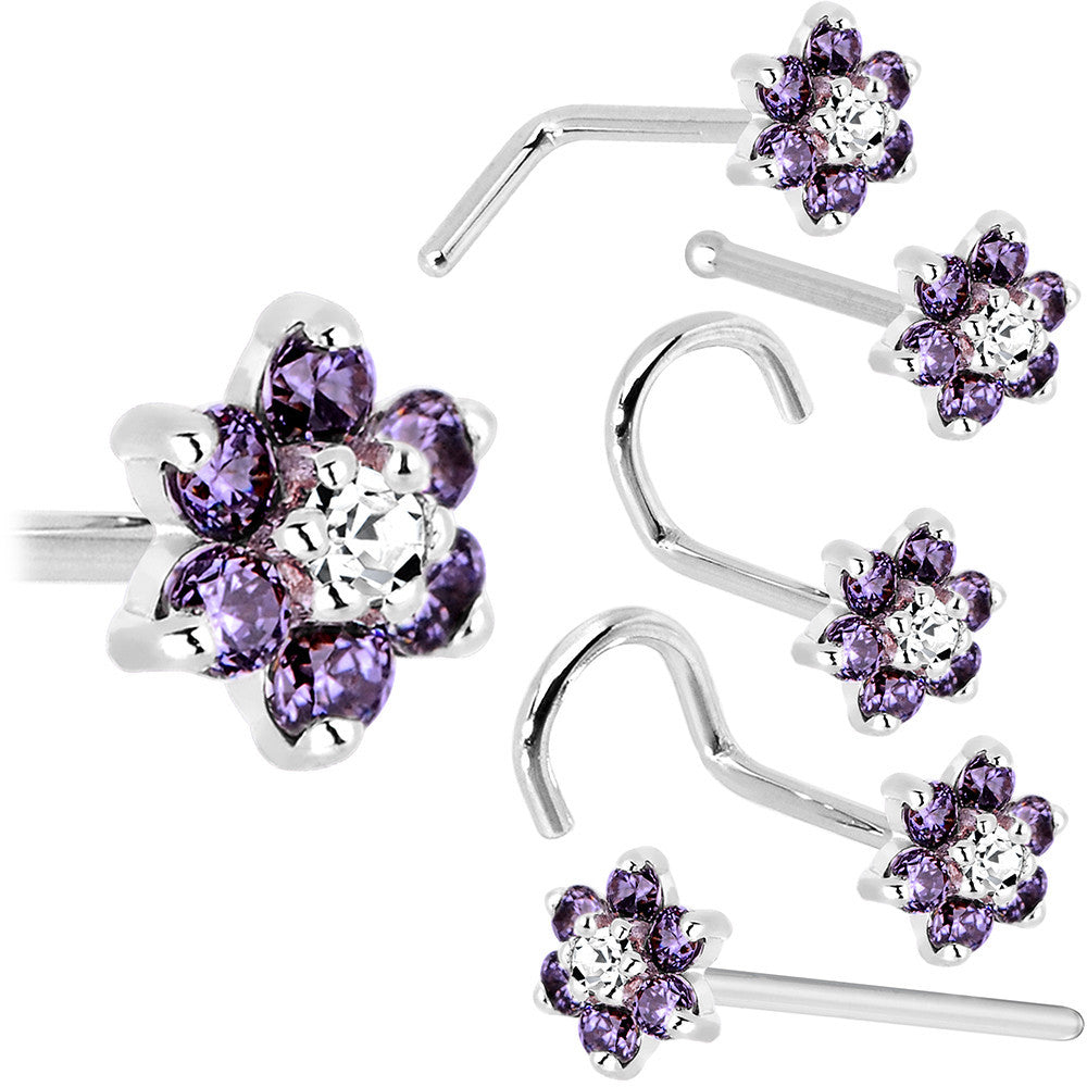 BodyCandy Solid 14K White Gold Amethyst and Clear Cubic Zirconia Flower Nose Ring — size reference