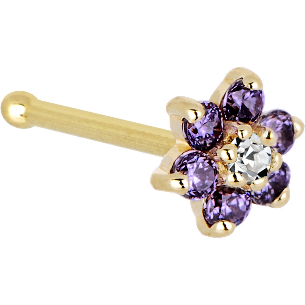 BodyCandy Solid 14K Yellow Gold Amethyst and Clear Cubic Zirconia Flower Nose Ring — detail close-up