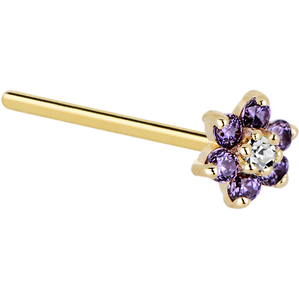 BodyCandy Solid 14K Yellow Gold Amethyst and Clear Cubic Zirconia Flower Nose Ring — lifestyle context