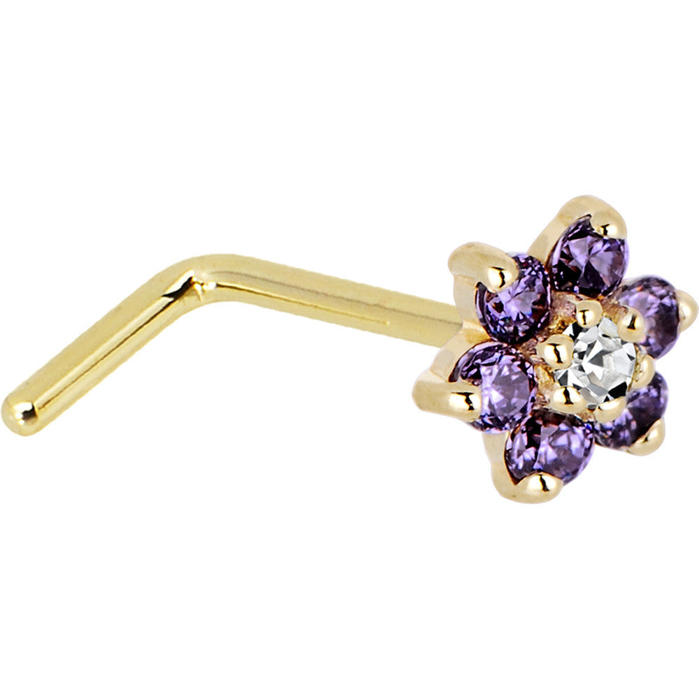 BodyCandy Solid 14K Yellow Gold Amethyst and Clear Cubic Zirconia Flower Nose Ring — side view
