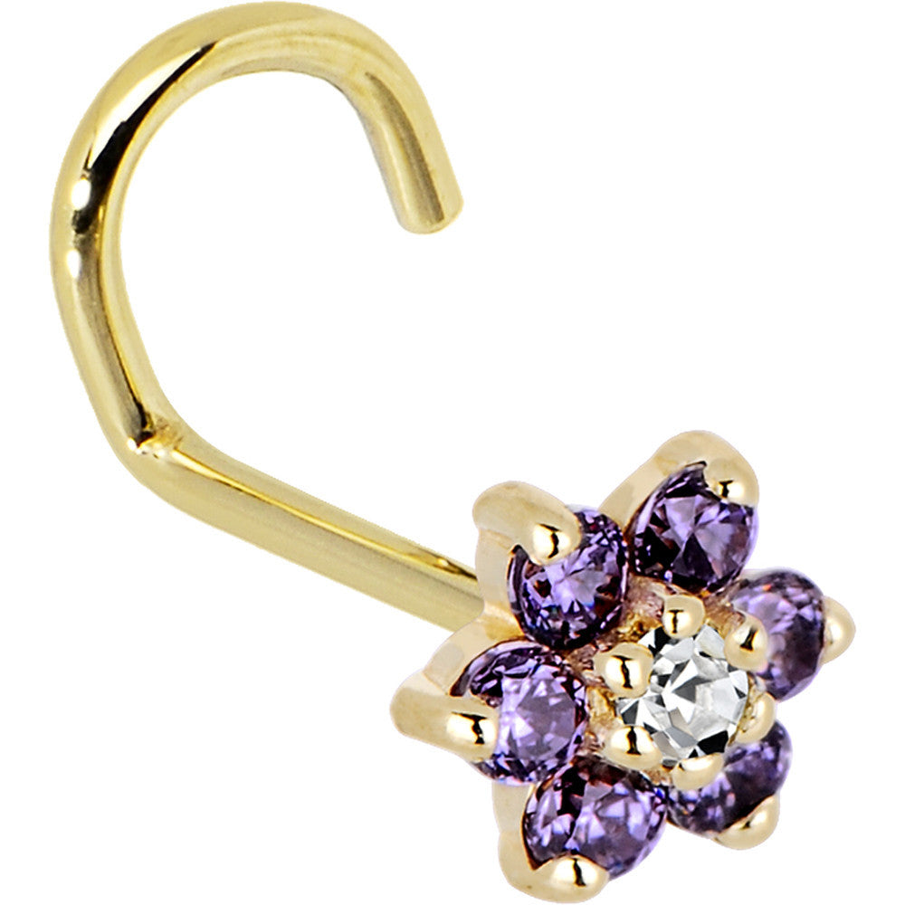 BodyCandy Solid 14K Yellow Gold Amethyst and Clear Cubic Zirconia Flower Nose Ring — back view