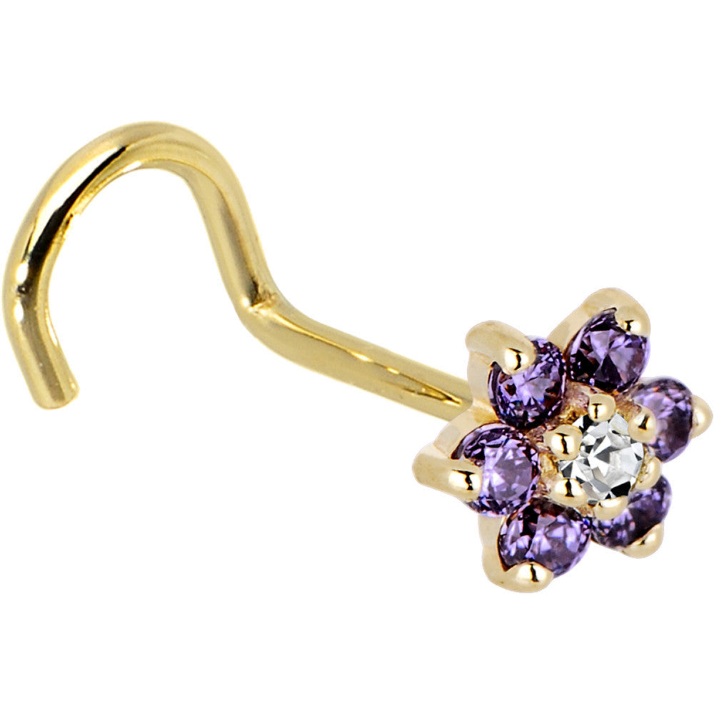 BodyCandy Solid 14K Yellow Gold Amethyst and Clear Cubic Zirconia Flower Nose Ring — alternative angle