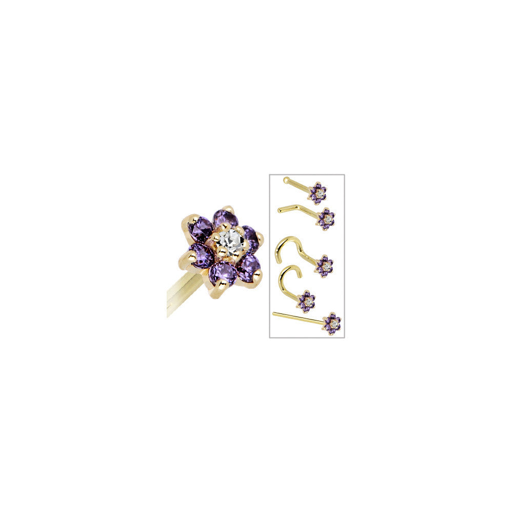 BodyCandy Solid 14K Yellow Gold Amethyst and Clear Cubic Zirconia Flower Nose Ring — size reference
