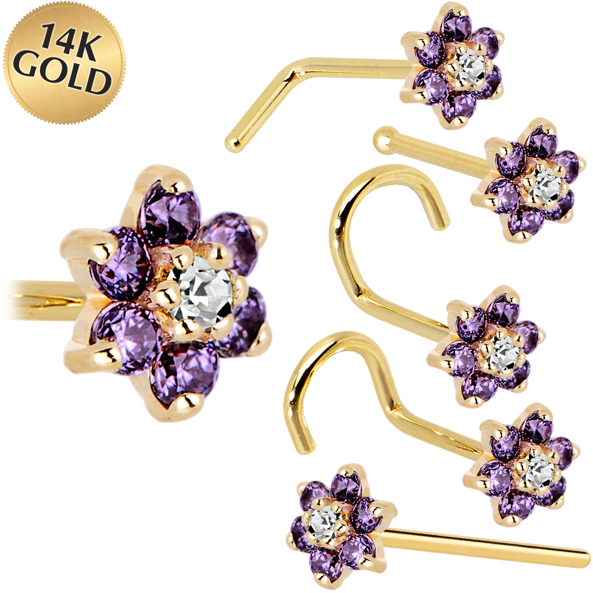BodyCandy Solid 14K Yellow Gold Amethyst and Clear Cubic Zirconia Flower Nose Ring — main product shot