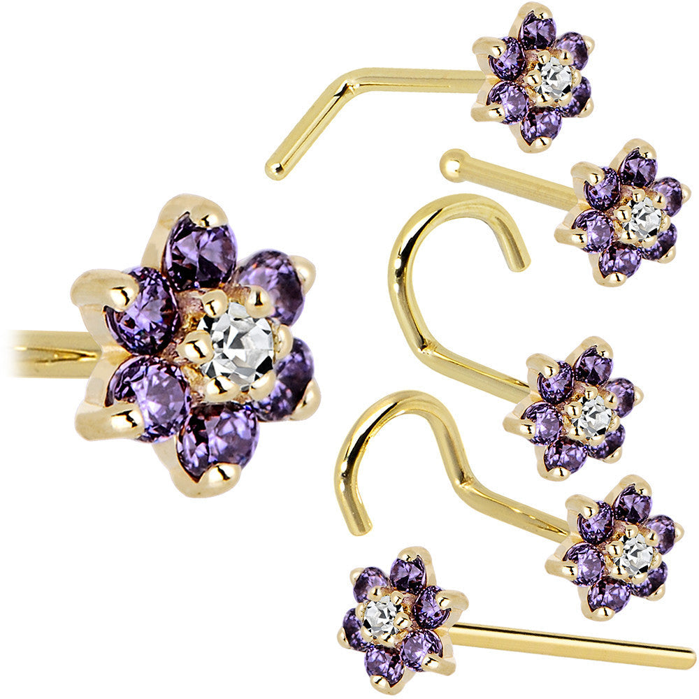 BodyCandy Solid 14K Yellow Gold Amethyst and Clear Cubic Zirconia Flower Nose Ring — in-use photo