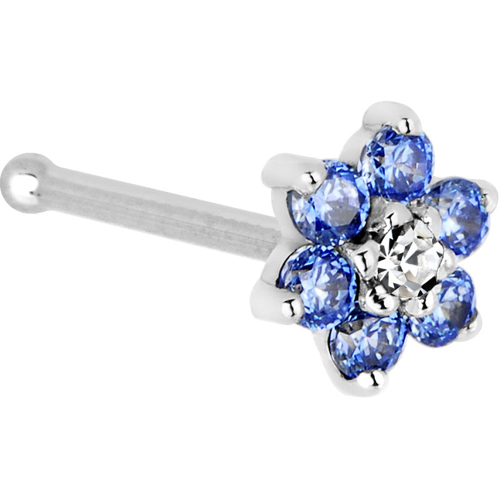 BodyCandy Solid 14K White Gold Arctic Blue and Clear Cubic Zirconia Flower Nose Ring — detail close-up