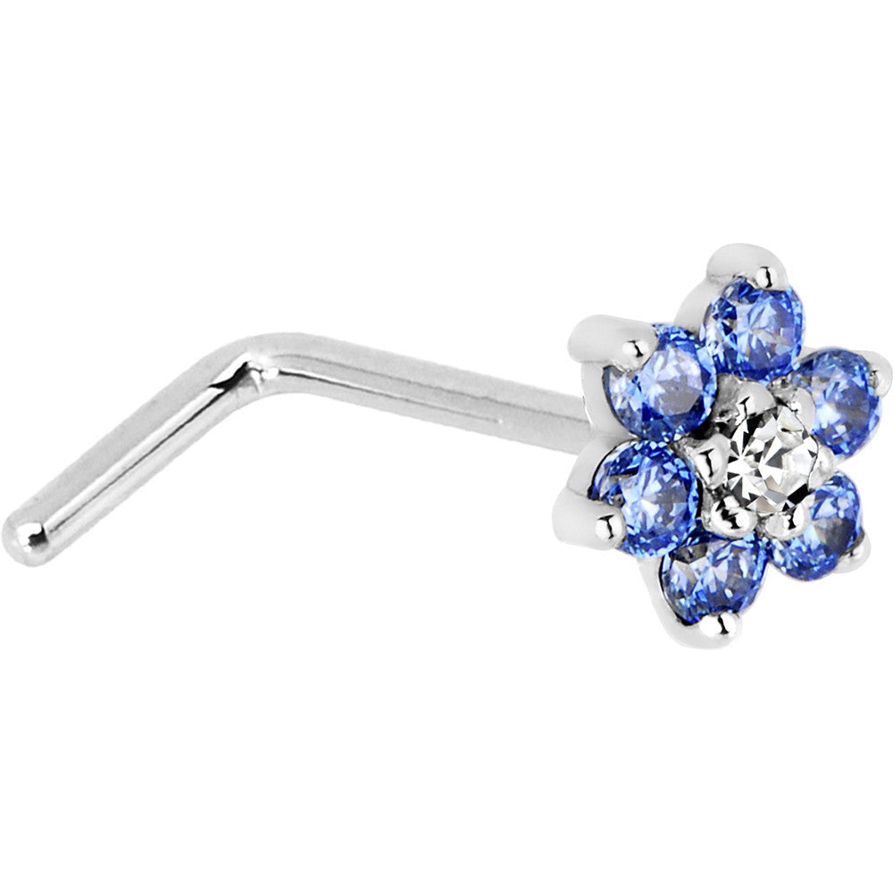 BodyCandy Solid 14K White Gold Arctic Blue and Clear Cubic Zirconia Flower Nose Ring — side view