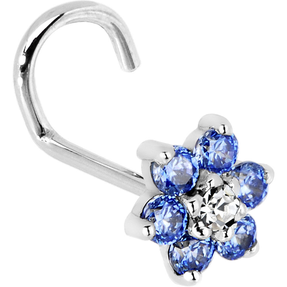BodyCandy Solid 14K White Gold Arctic Blue and Clear Cubic Zirconia Flower Nose Ring — back view