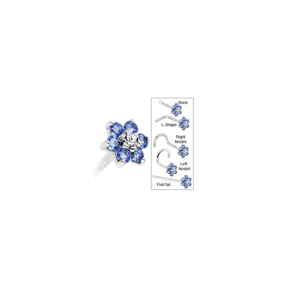 BodyCandy Solid 14K White Gold Arctic Blue and Clear Cubic Zirconia Flower Nose Ring — in-use photo