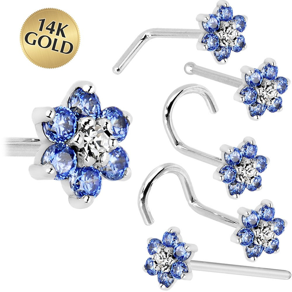 BodyCandy Solid 14K White Gold Arctic Blue and Clear Cubic Zirconia Flower Nose Ring — main product shot