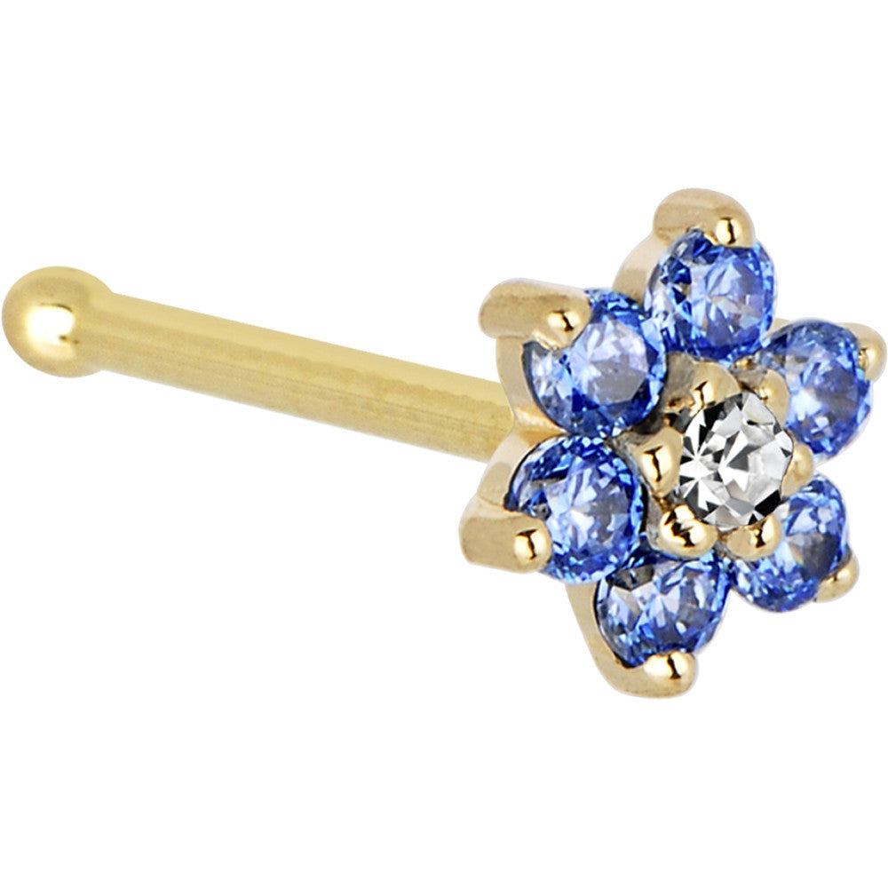 BodyCandy Solid 14K Yellow Gold Arctic Blue and Clear Cubic Zirconia Flower Nose Ring — detail close-up