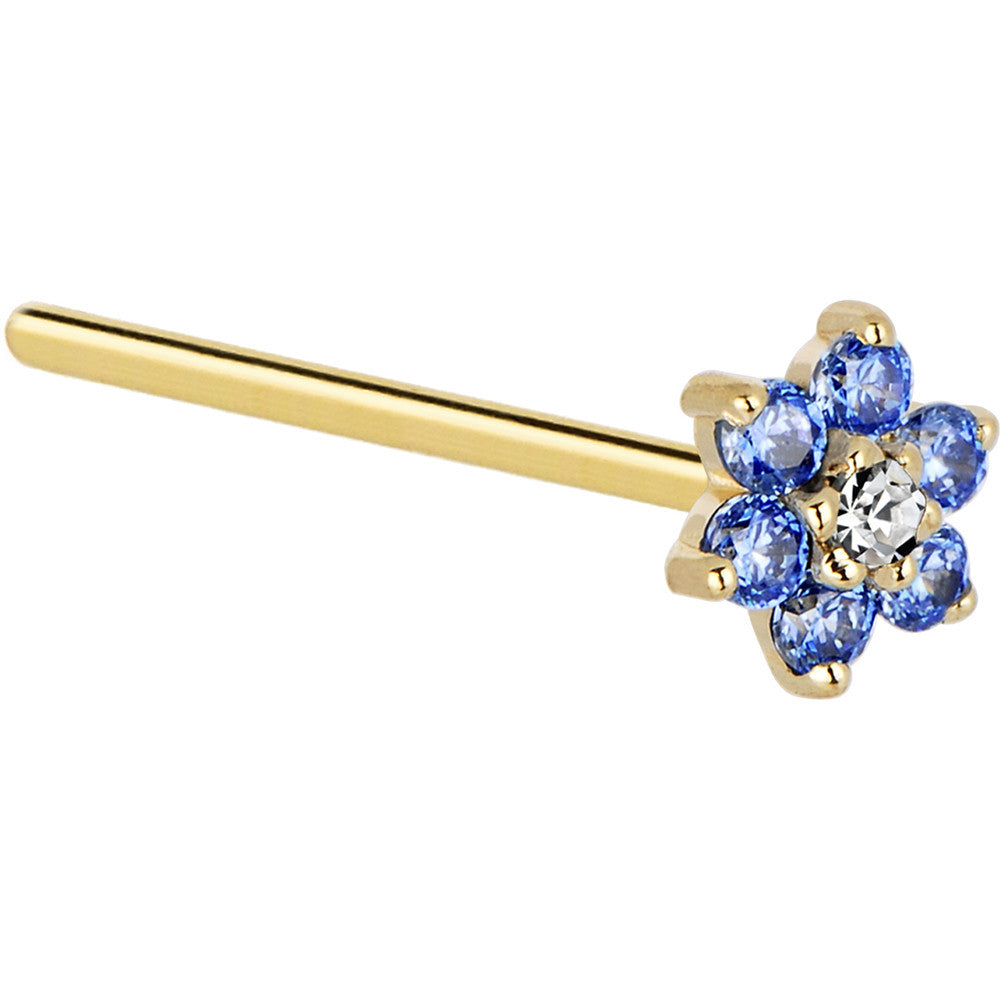 BodyCandy Solid 14K Yellow Gold Arctic Blue and Clear Cubic Zirconia Flower Nose Ring — lifestyle context