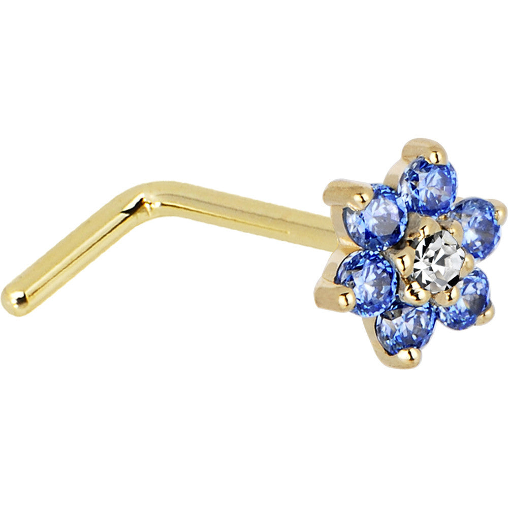 BodyCandy Solid 14K Yellow Gold Arctic Blue and Clear Cubic Zirconia Flower Nose Ring — side view