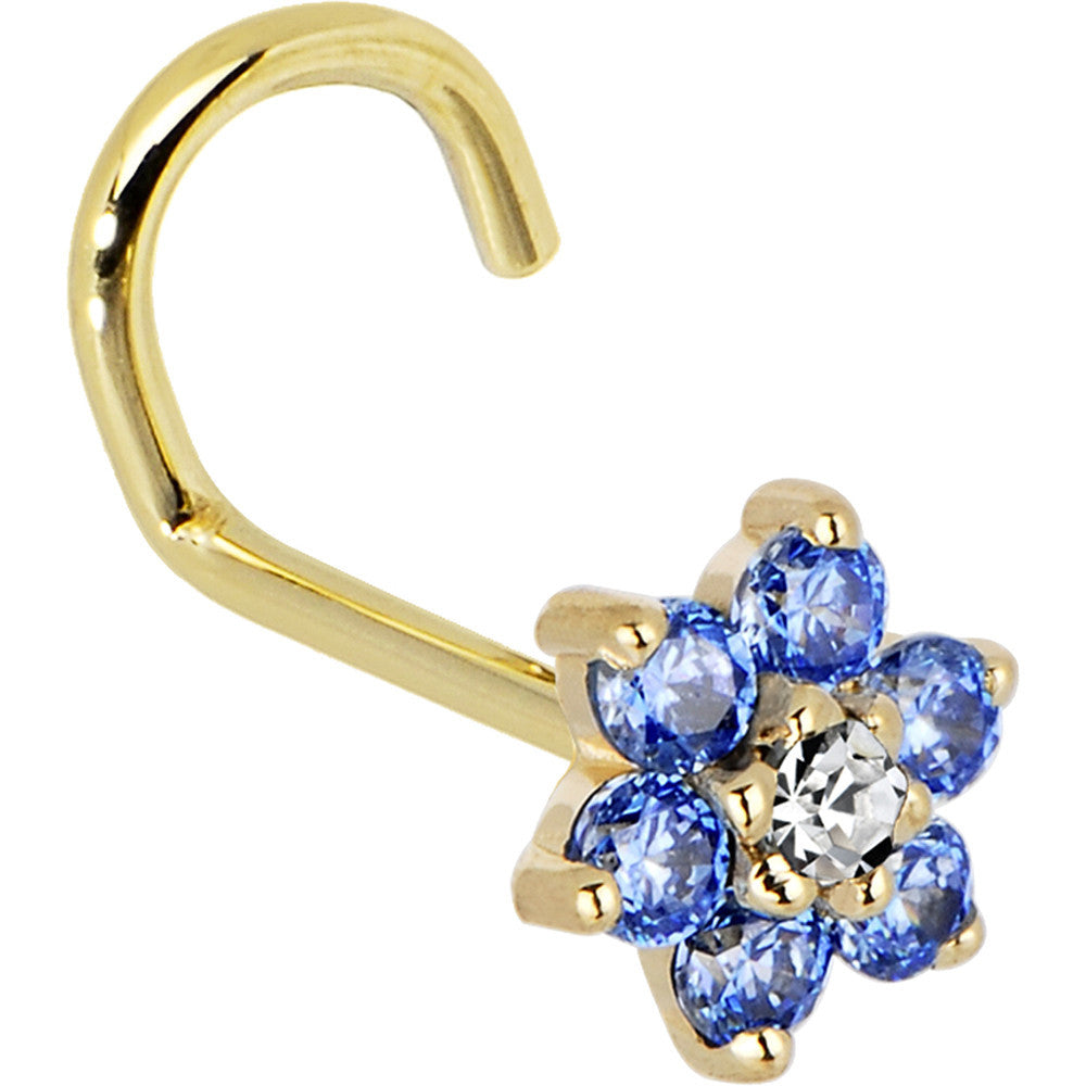 BodyCandy Solid 14K Yellow Gold Arctic Blue and Clear Cubic Zirconia Flower Nose Ring — back view