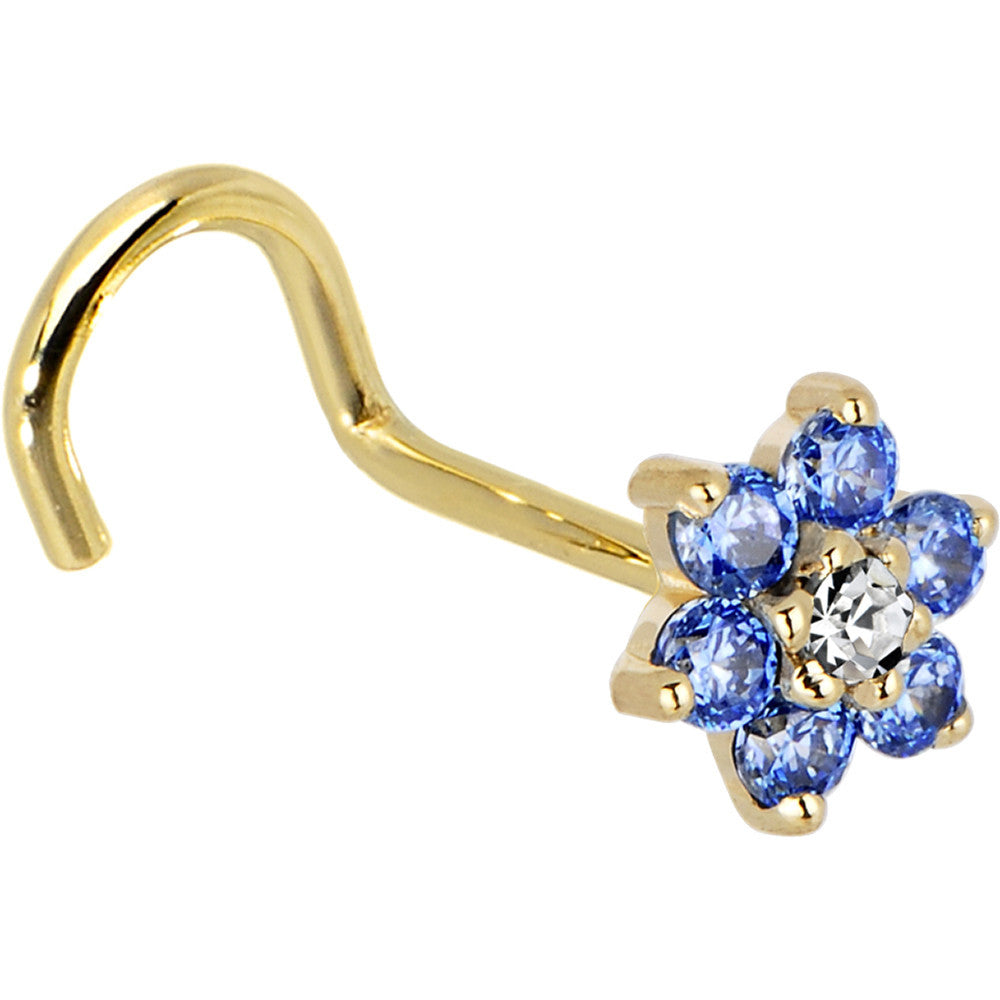 BodyCandy Solid 14K Yellow Gold Arctic Blue and Clear Cubic Zirconia Flower Nose Ring — alternative angle
