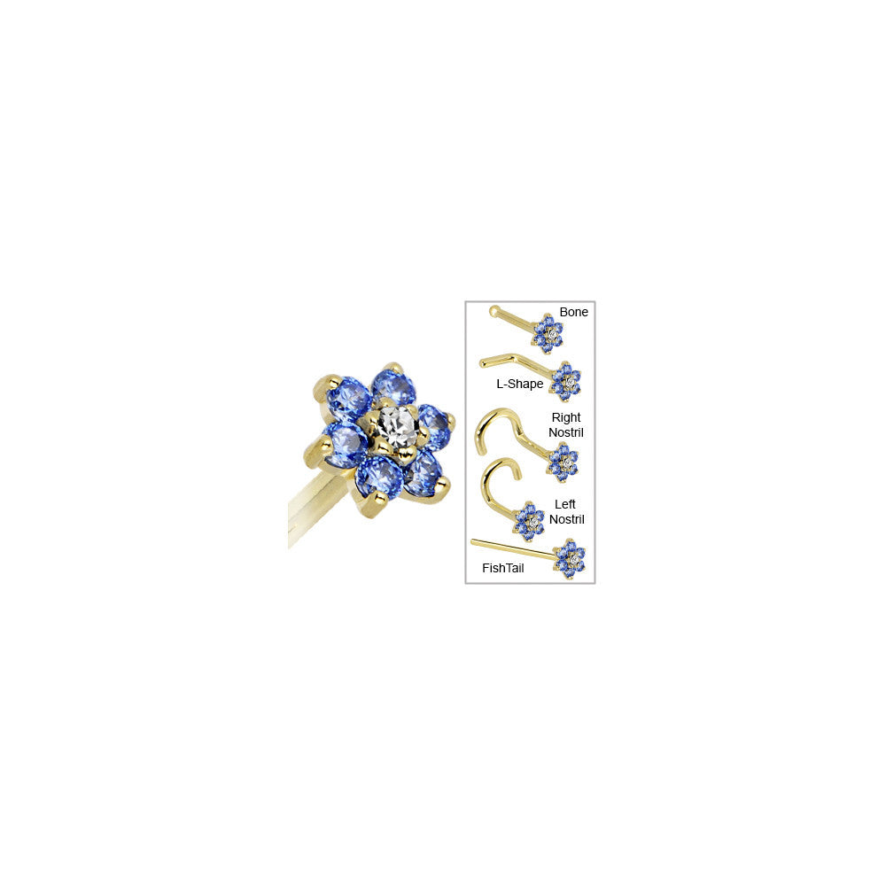 BodyCandy Solid 14K Yellow Gold Arctic Blue and Clear Cubic Zirconia Flower Nose Ring — size reference