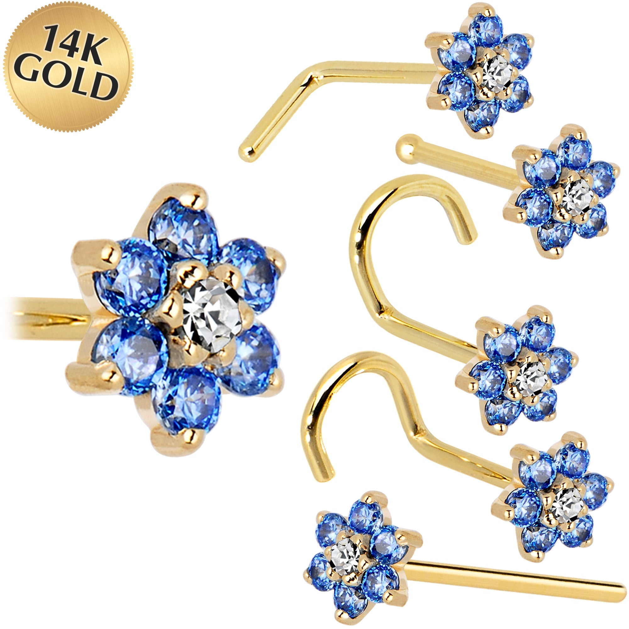 BodyCandy Solid 14K Yellow Gold Arctic Blue and Clear Cubic Zirconia Flower Nose Ring — main product shot