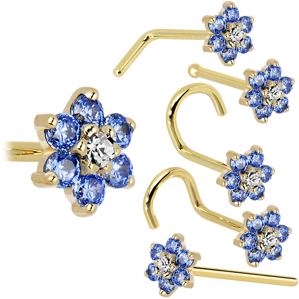 BodyCandy Solid 14K Yellow Gold Arctic Blue and Clear Cubic Zirconia Flower Nose Ring — in-use photo