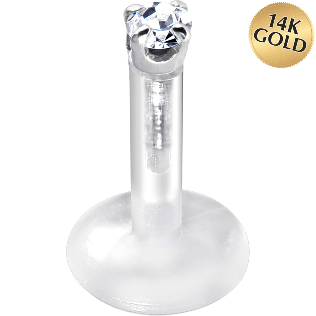 BodyCandy Solid 14K White Gold 1.5mm CZ Bioplast Push in Labret Monroe — detail close-up
