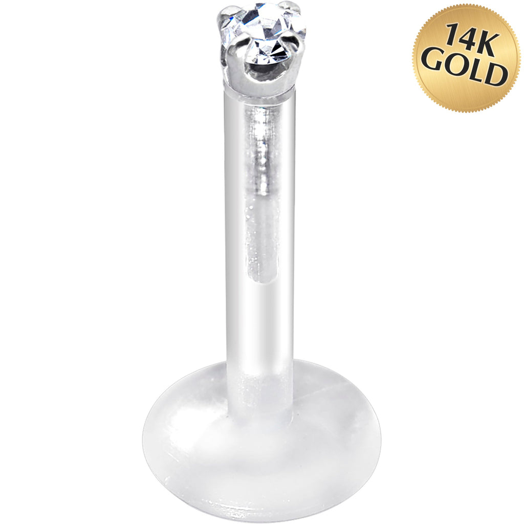 BodyCandy Solid 14K White Gold 1.5mm CZ Bioplast Push in Labret Monroe — side view