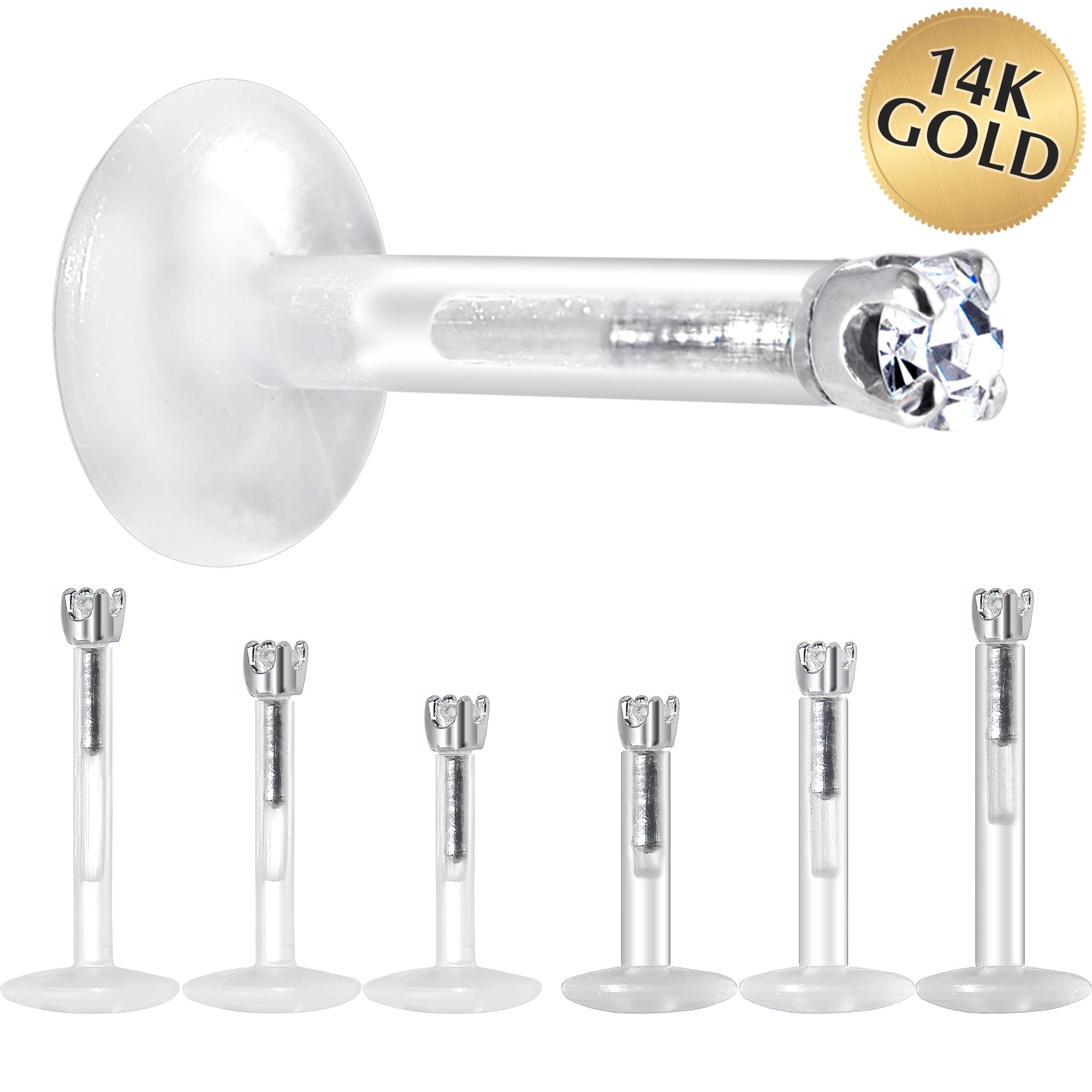 BodyCandy Solid 14K White Gold 1.5mm CZ Bioplast Push in Labret Monroe — main product shot