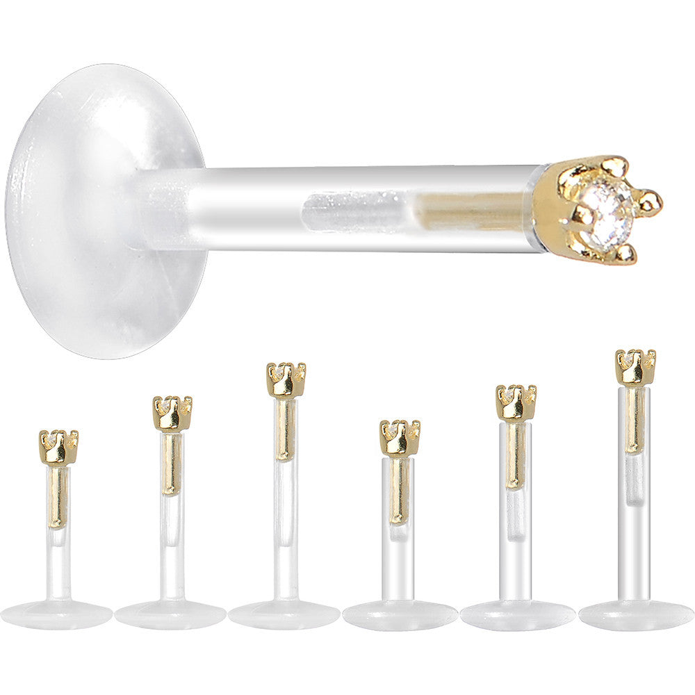 BodyCandy Solid 14K Yellow Gold 1.5mm CZ Bioplast Push in Labret Monroe — detail close-up
