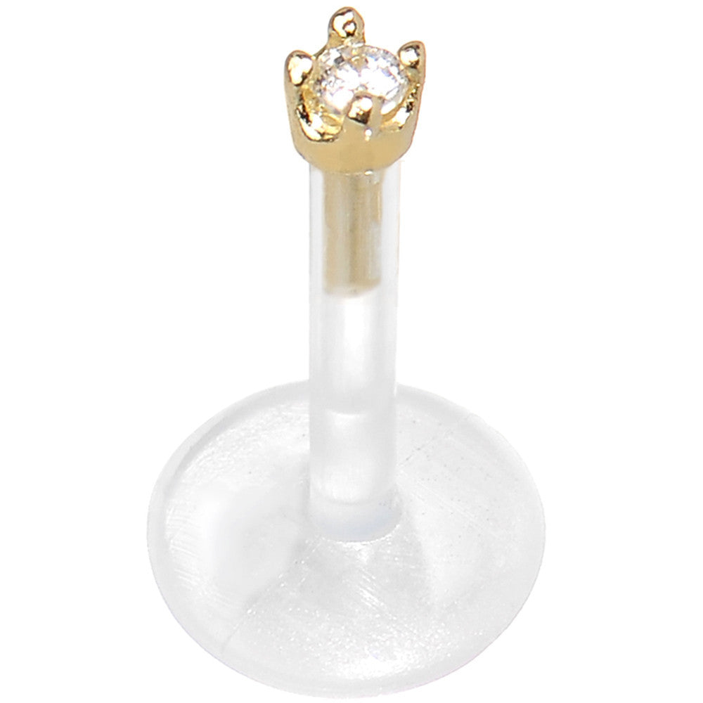 BodyCandy 16G 5/16 Solid 14K Yellow Gold 1.5mm CZ Bioplast Push in Tragus Earring — detail close-up