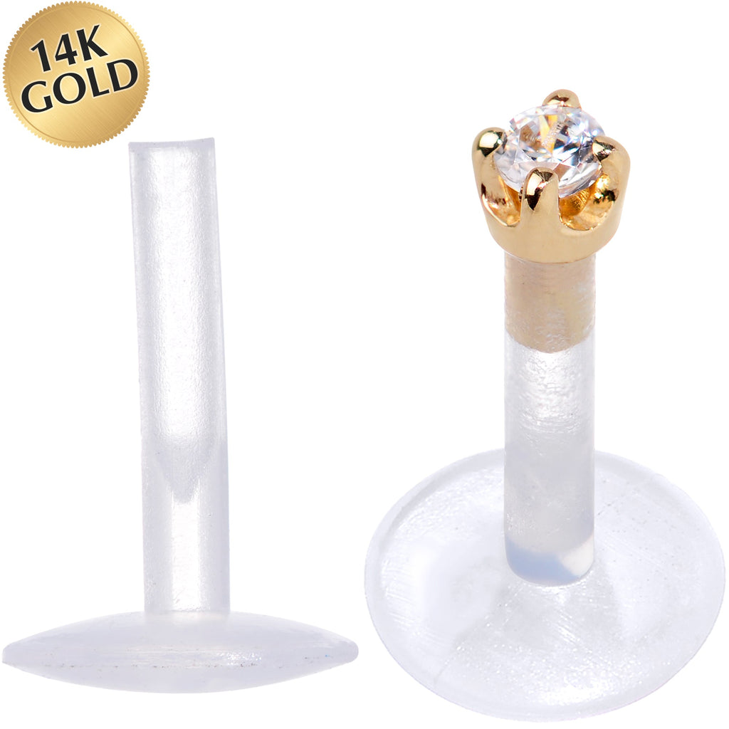 BodyCandy 16G 1/4 Solid 14K Yellow Gold 1.5mm CZ Bioplast Push in Cartilage Earring — main product shot