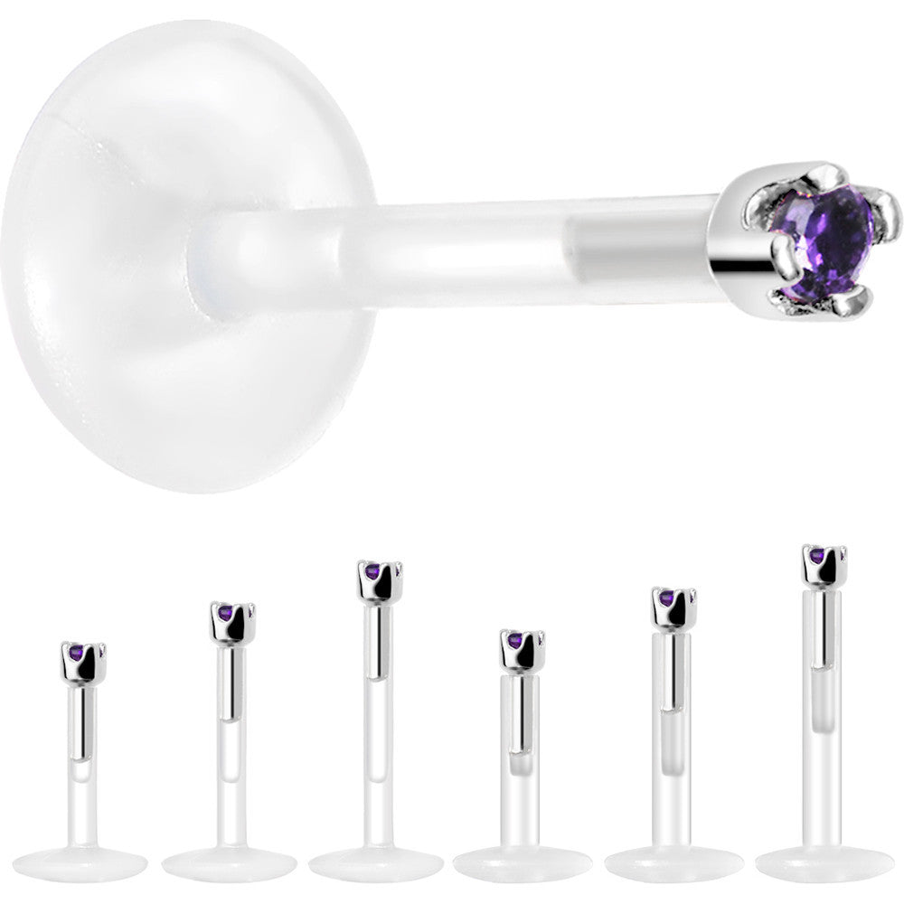 BodyCandy Solid 14K White Gold February 1.5mm CZ Bioplast Push in Labret Monroe — side view