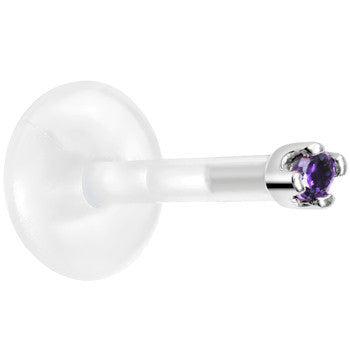 BodyCandy Solid 14K White Gold February 1.5mm CZ Bioplast Push in Labret Monroe — detail close-up