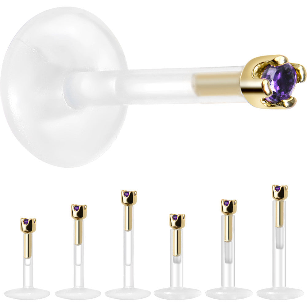 BodyCandy Solid 14K Yellow Gold February 1.5mm CZ Bioplast Push in Labret Monroe — detail close-up