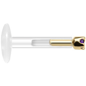 BodyCandy Solid 14K Yellow Gold February 1.5mm CZ Bioplast Push in Labret Monroe — side view
