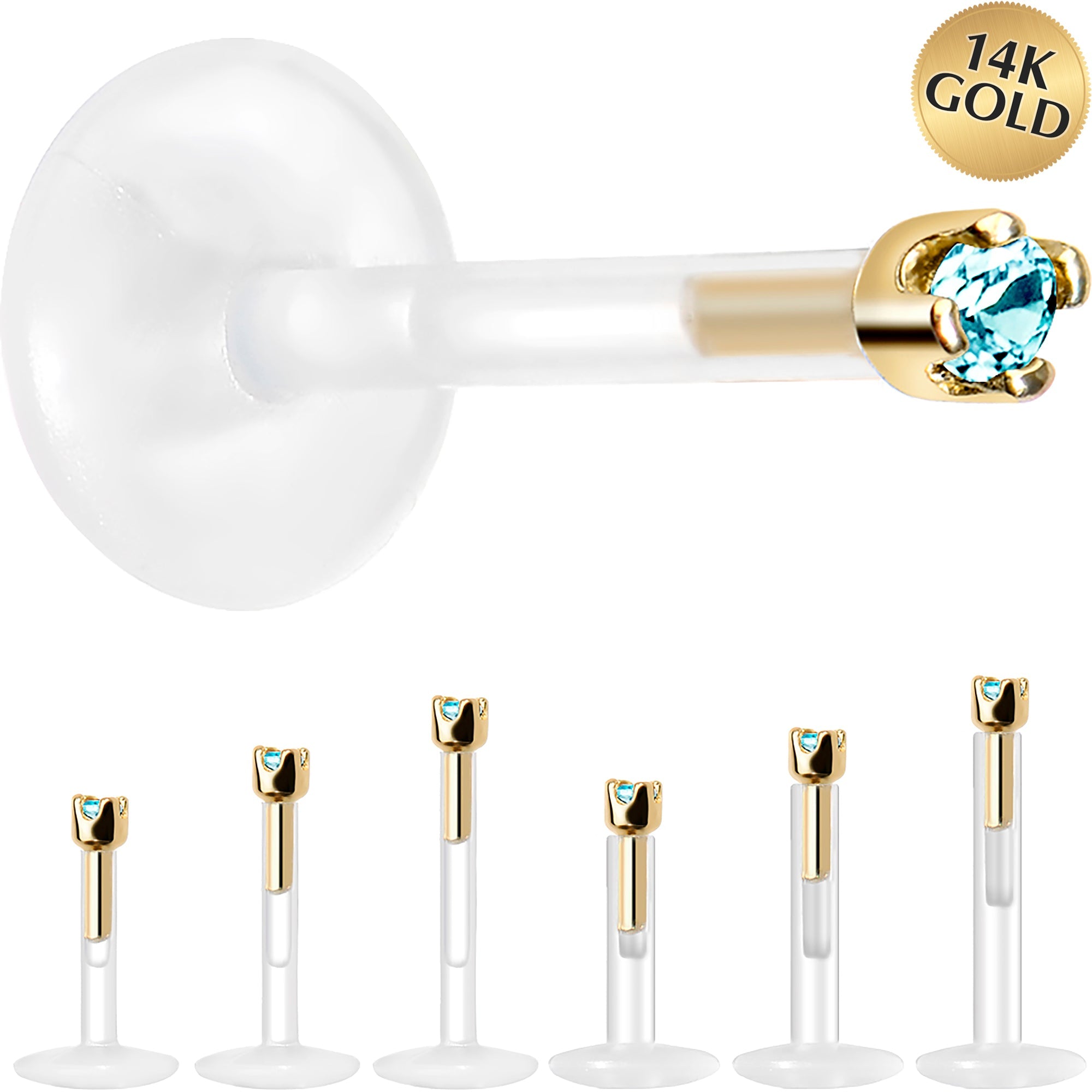 BodyCandy Solid 14K Yellow Gold March 1.5mm CZ Bioplast Push in Labret Monroe — main product shot