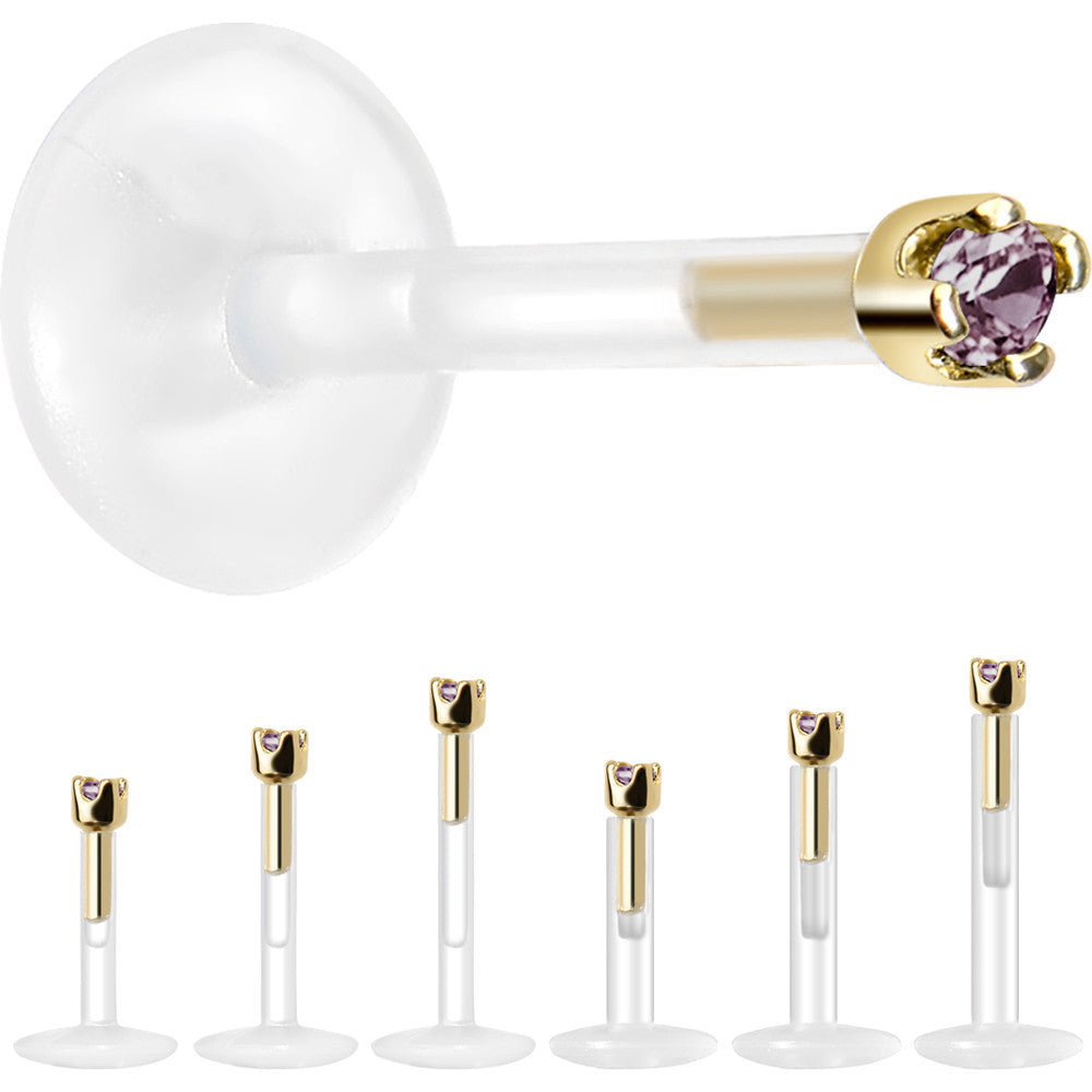 BodyCandy Solid 14K Yellow Gold June 1.5mm CZ Bioplast Push in Labret Monroe — side view