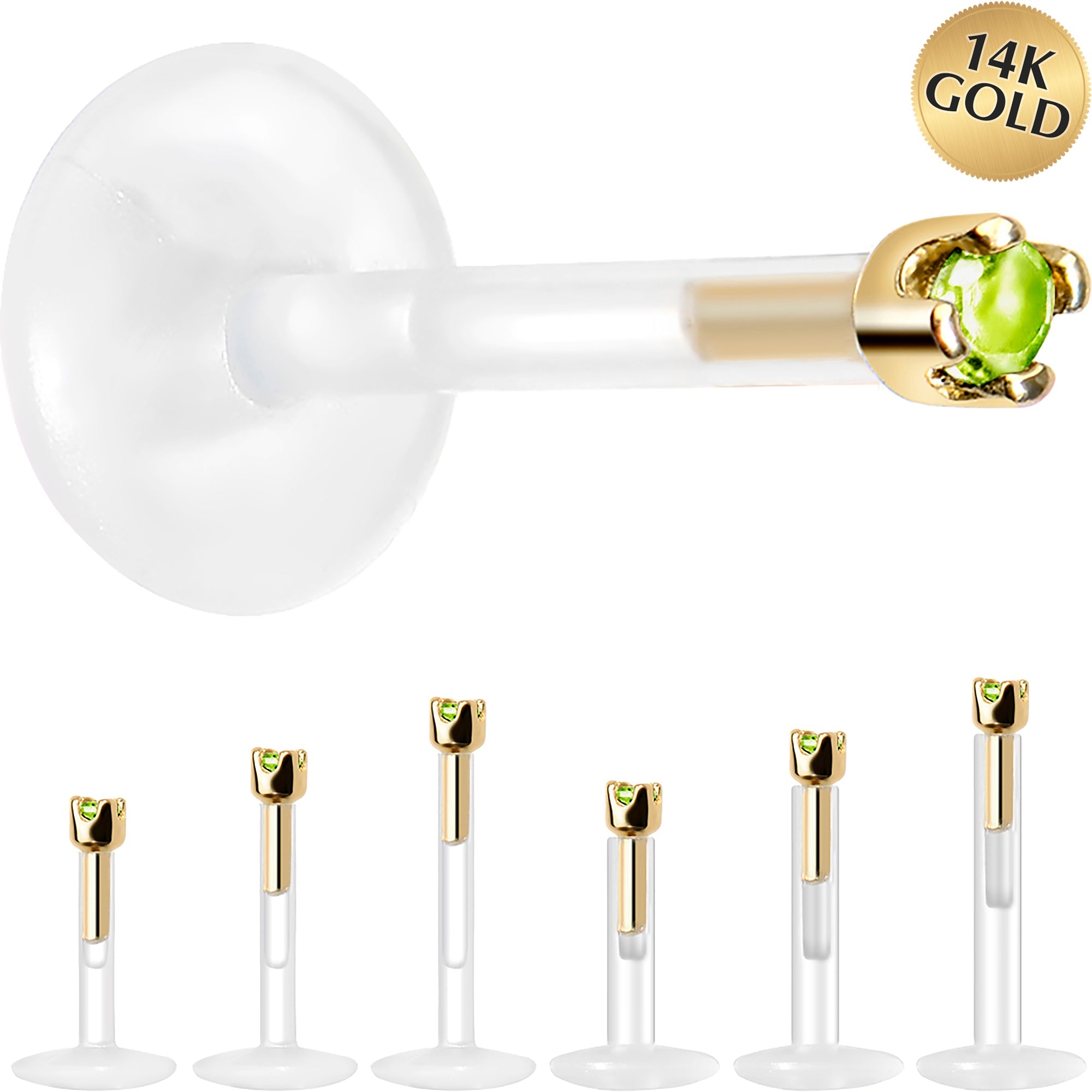 BodyCandy Solid 14K Yellow Gold August 1.5mm CZ Bioplast Push in Labret Monroe — main product shot