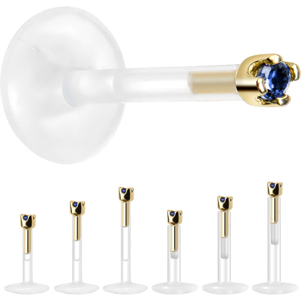 BodyCandy Solid 14K Yellow Gold September 1.5mm CZ Bioplast Push in Labret Monroe — detail close-up